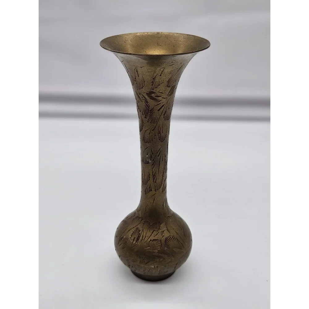 Vintage Etched Brass Bud Vase Hand Crafted Made in India Floral Pattern 6.75